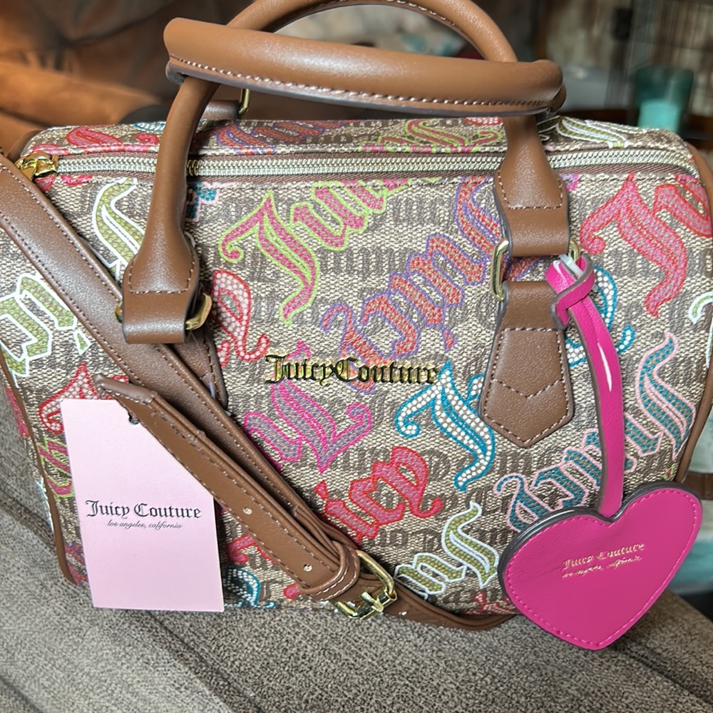 Juicy Couture Brown Multicolor Logo Satchel with Pink Heart Tag